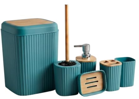 G.mütlich Badaccessoires Set 6-teilig, Badezimmer Badset Deko, Petrol | Inkl. Kosmetik-Mülleimer, WC-Bürste, Zahnputzbecher, Becher, Seifenspender & Seifenschale