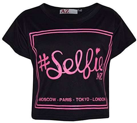 Girls Top Kids #Selfie Print Stylish Fahsion Trendy T Shirt Crop Top 7-13 Years Black