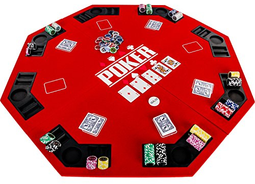 GAMES PLANET Faltbare Pokerauflage „Full House“ für bis zu 8 Spieler, achteckig, Maße 120x120 cm, MDF Platte, 8 Getränkehalter, 8 Chiptrays, rot