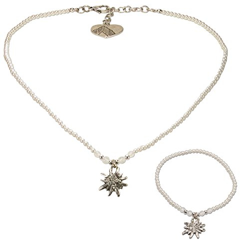 Alpenflüstern Trachtenschmuck-Set Filigran Perlen-Trachtenkette und Trachten-Armband Strass-Edelweiss - Damen-Trachten-Schmuck, Trachtenset Dirndl-Kette und Trachten-Armkette Creme-weiß SET028