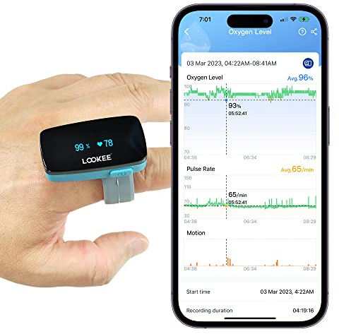 LOOKEE O2-Tracker Ring Continuous Pulse Oximeter - Wearable Oxygen Monitor with Vibration Reminder for Low O2 - Rechargeable Blood Oxygen Saturation SpO2 Meter - Free APP with Reports