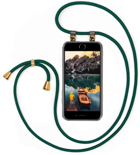 moex Handykette für iPhone 7 Plus/iPhone 8 Plus Hülle mit Band abnehmbar, Handyhülle mit Kette zum Umhängen, Handyband 155 cm lang Stoff Kordel Umhängehülle, Handy Umhängeband, Grün