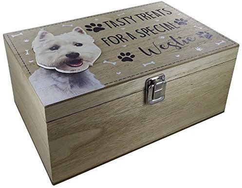 Dog Breeds Treats Box Food Storage Container Holder Biscuits Barrel Wood Box 20 Dog Breeds Available (Westie)