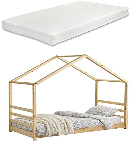 [en.casa] Kinderbett + Matratze mit Lattenrost und Gitter 90x200cm Hausbett Holz Bettenhaus Bett Jugendbett