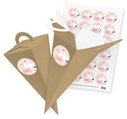 itenga 24x Geschenktüte Gastgeschenk Schultüte Braun 21 cm mit Stickerbogen Aufkleber Storch Danke Rosa Geburt Taufe