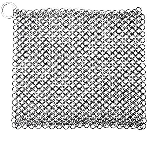 Stainless Steel Cast Iron Cleaner Chainmail Scrubber Tool with Ring, Does Not Rust Like Steel Wool, Protects Cookware, for Skillets, Griddles, Pans and Woks and More (Square)