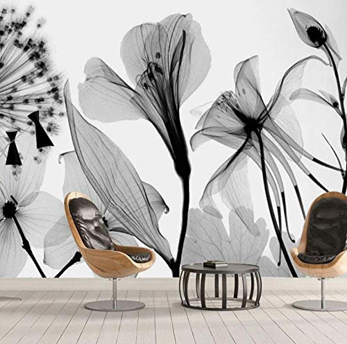 Papier Peint Intissé 140X100cm Fleur De Pissenlit Noir Et Blanc Peint À La Main Tapisserie Murales Panoramique Minimaliste Tv Fond D'Écran - Decoration Poster - Salon Appartement Photo D'Art