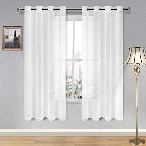 DWCN White Sheer Curtains Textured Semi Transparent Eyelet Top Decorative Voile Curtain for Living Bedroom, 52 Wide x 63 Drop, 2 Panels