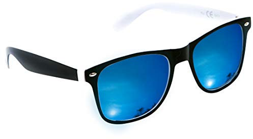 Zweifarbige weiß-schwarze Sonnenbrille mit blauen verspiegelten Gläsern, klassische Retro-Festivalbrille, UV400-Schutz, weiß