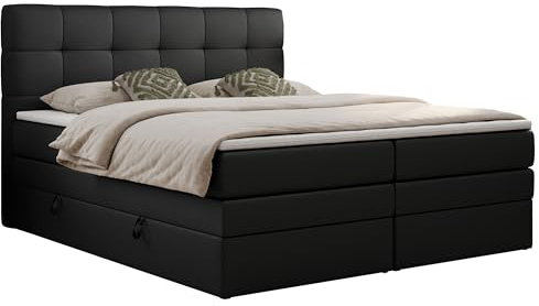 MKS MEBLE King Boxspringbett Schwarz 180x200, Polsterbett 180x200 mit Bettkasten, Bett 180x200 mit Multipocket-Matratze H3, Boxspringbett 180x200 mit Kopfteil und Topper - H3 Schwarz Kunstleder - Luka