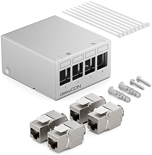 deleyCON Patch Panel 4 Porte Set Sezionatore 1RU + 4 Moduli Keystone Jack RJ45 STP CAT6a Compatibile con Cavo di Installazione CAT5 CAT6 CAT6a CAT7 Cavo di Rete Ethernet LAN DSL - Grigio