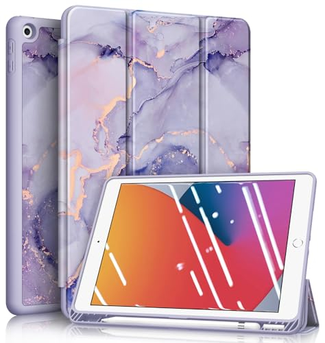 Fintie Hülle für iPad 9. Generation 2021/8. Gen 2020/7. Gen 2019 10.2 Zoll - Superleicht Soft TPU Rückseite Abdeckung Schutzhülle mit eingebautem Pencil Halter, Auto Sleep/Wake, Lila Marmor
