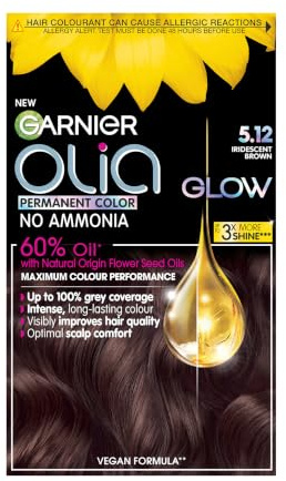 Garnier Olia Glow Luminous Long-Lasting Hair Colour, 5.12 Iridescent Brown | 100% Grey Coverage, Oil-Powered Formula, Luminous Long-Lasting Vibrant Colour, No-Ammonia, 3x Shinier Hair