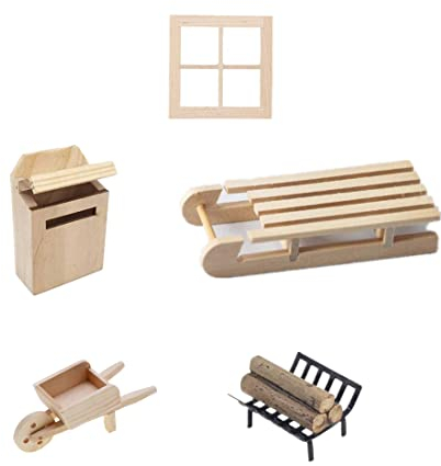 Super Idee Wichteltür Zubehör Set Miniatur Holzschlitten Schubkarre Fenster Briefkasten Brennholz Verzierungen für Wichtel Tür Nissedor Elfentür Feentür (Miniatur Holzschlitten Set)