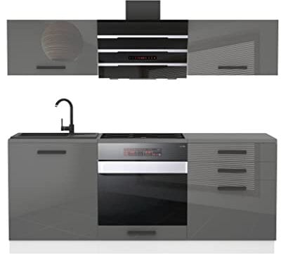 Belini Küchenzeile Küchenblock Sophia - Küchenmöbel 180 cm Einbauküche ohne Elektrogeräten mit Hängeschränke und Unterschränke, mit Arbeitsplatten, Silber Hochglanz