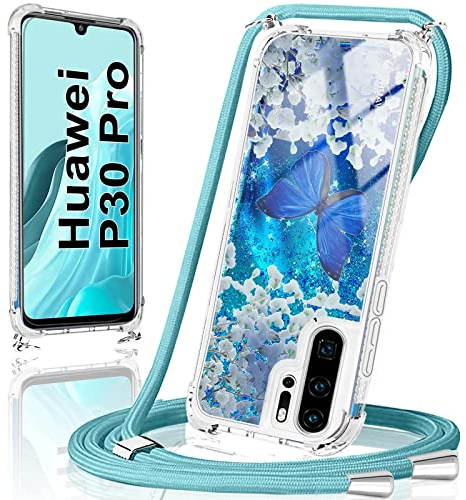 Kaply Handykette für Huawei P30 Pro Hülle mit Band,Handyhülle Huawei P30 Pro mit Kette Glitzer Case Treibsand Necklace Silikon Stoßfest Flüssig Schutzhülle mit Kordel Umhängenband Schnur