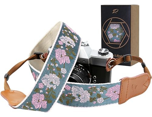 Padwa Lifestyle Sangle Appareil Photo - Extrémités en Cuir de Vachette Ddouble Couche,Sangle D'appareil Photo en Coton Brodé de 2,Bandoulière Photographe Réglable Pour Tous Les Appareils Photo DSLR