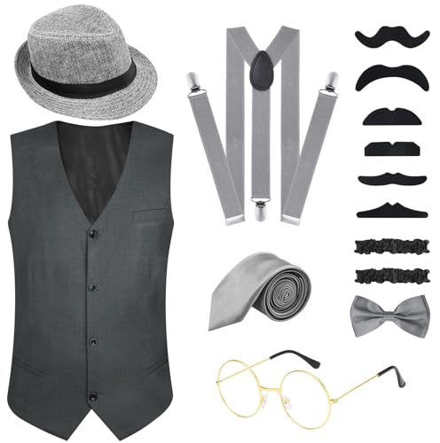 PLULON 16 Teilig 1920er Herren Kostüm Gatsby Gangster Weste Roaring 20s Herren Accessoires Set Kleidung Outfit mit Fedora Hut Hosenträger Fliege Vintage Taschenuhr Brille Bart für Herren
