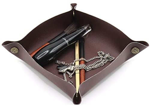 K Key Valet Tray Leather Jewelry Storage Tray Tabletop Holder Box Leather Snap Tray Sundries Box for Dice Phone Sunglasses,(Brown)