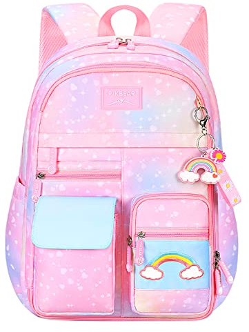 Myyunhx Rucksack für Mädchen Kawaii Versammlung Kühlschranktür Mädchen Rucksack Gradientenregenbogen Rucksack der Mittelschule mit Regenbogenanhänger Für jugendliche Mädchen Büchertasche (Rosa)