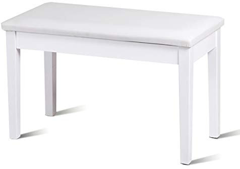 COSTWAY Leather Piano Bench, Keyboard Bench Chair with Large Storage, Padded Cushion & Wooden Legs, Classic Piano Stool for Kids Adults (White)