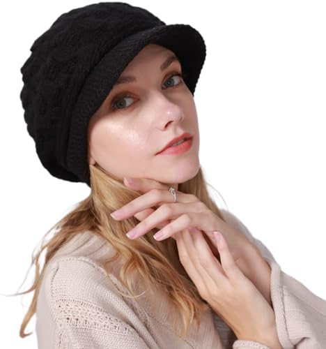 Warme Winter mütze Fleece Mütze Schirm Visor Wintermütze Damen Warme Gefütterte Wintermützegestrickte Schirmmütze Baseballmütze mit Weiches Dickes Fleecefutter (schwarz)