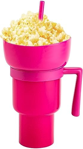 Stadium Tumbler with Snack Bowl - 2 in 1 Snack and Drink Cup with Unique Top Bowl for Popcorn, Candy, Chips and More - Perfect for Movies and Stadium (Pink)