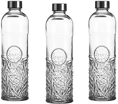 WESTCRAFT Gourde élégante en verre oriental de 1 l avec bouchon à vis, hermétique, pour eau, jus dans le réfrigérateur, bouteilles en verre vintage (lot de 3 bouteilles rétro VG 3 x Edge)