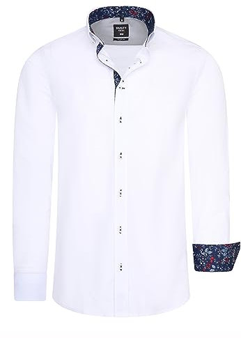 Rusty Neal Herren Freizeit-Hemd mit Lässigem Knopf-Design abgesetzt mit Blumen-Muster Stretch Langarm Slim Fit 030, Farbe:Weiß, Größe S-3XL:L