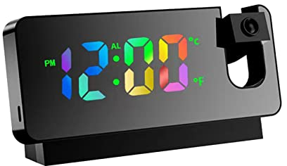kyaoayo Projektionswecker für Schlafzimmer, Digitalerwecker mit Großer LED-Anzeige, 180 ° Projektor mit farbige Lichter, 12/24 H, Temperaturanzeige, Schlummer, für zu Hause und im Büro usw (Schwarz)