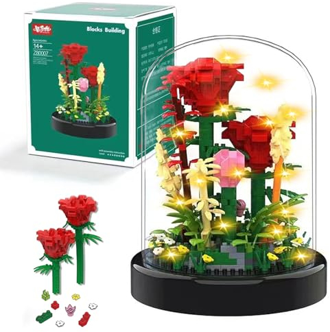 MeYuxg Rosa Eterna - Set di Mattoncini da Costruzione, Fiori di Rosa Rossa Conservati Con Luce LED, Decorazione Creativa per la Casa, Piante Artificiali