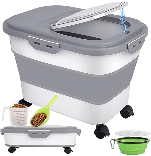 Wuciray Dog Food Container Hundefutter Aufbewahrung Faltbarer 7-10kg mit Rollen Rädern Schaufel Messbecher Hundefutternapf Hundefutter Box Aufbewahrungsbox Hundefutter Futtertonne Hund Futterbox