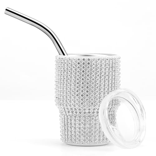 NQEUEPN Mini Tumbler Shot Glass, 3oz Sliver Diamond Shot Glass Stainless Steel Bling Tumbler with Straw and Lid Shot Glass Tumbler for Champagne Cocktails Beer Parties Travel