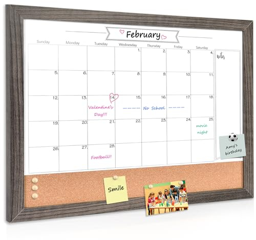TORASO ZHYL-GY-3343 Whiteboard-Kalender und Korktafel, kleine Kombination, trocken abwischbar, 33 x 43,2 cm, grauer Holzrahmen, Kalender/Kork-Kombi-Tafel