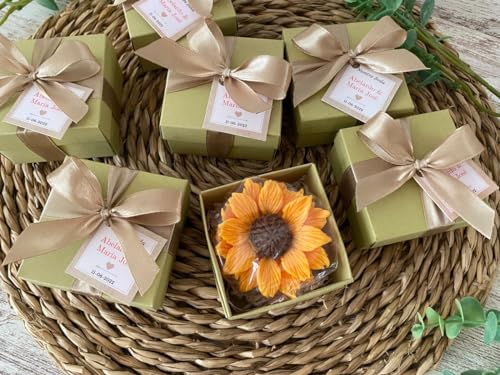 Jabón Artesanal en Forma de Flor de Girasol - Para Bodas, Bautizos y Primera Comunión, Ideales como Regalos y Recuerdos Especiales (Girasol en Caja de oliva)