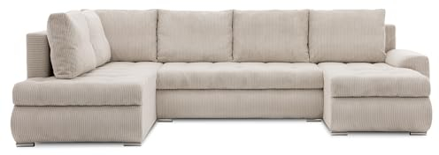 Mebligo - Ecksofa mit Schlaffunktion und Bettkasten Tokio II PRO, 300 cm Breit, Wohnzimmer Eckcouch Ottomane Links, Sofa Cord mit Bettfunktion - Sofa Beige (Poso 100)