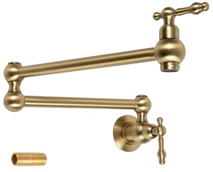 Allkorma 23 Brass Pot Filler Faucet Brushed Gold, Wall Mount Over Stove Water Faucet, Antique 2 Handles Folding Stretchable Pot Filler