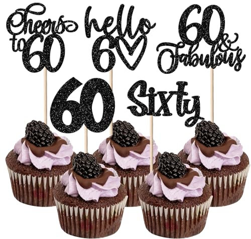 SYKYCTCY 30 Pack 60th Birthday Cupcake Toppers Glitter Sixty Fabulous 60 Cheers to 60 Cupcake Picks Hello 60 Cupcake Decorations for Happy 60th Birthday Anniversary Party Supplies Black