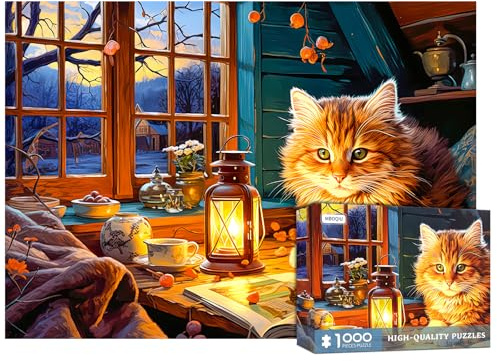 1000 Teile Puzzle für Erwachsene - Lesen Katze Jigsaw Puzzle Malerei DIY Herausfordernde Puzzles