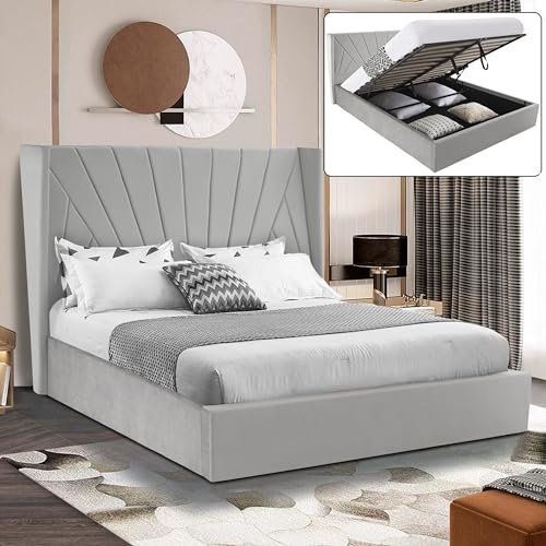 Ottoman Storage Bed, Velvet Double Bed Frame, Upholstered Gas Lift Up Bed Frame with Storage, Ottoman Bed with Wooden Slats, (4ft6 Grey Double Bed Frame 135 x 190, No Mattress)