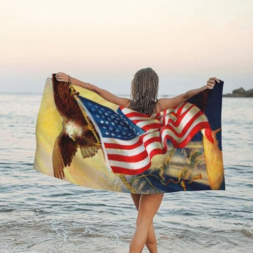 LAMAME Handtuch mit amerikanischer USA-Flagge, Adler, Kunstdruck, schnell trocknend, leicht, Strandtuch, tragbares Mikrofaser-Badetuch