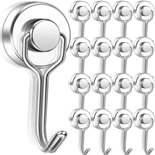 16 Stück Magnethaken Extra Stark ,15kg Ziehen 20mm Schwenkbare Schaukel Magnet Haken,Magnet mit Haken Magnethaken für Eisentüren Kühlschränke Küchen Kleiderablage Büro Magnet Haken Groß Silber
