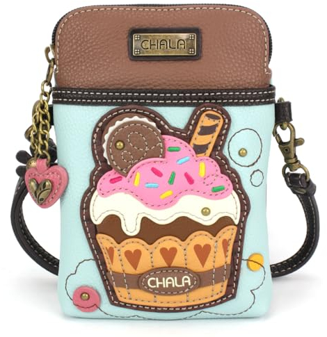 CHALA Handy-Umhängetasche für Damen, PU-Leder, Leinen, mehrfarbig, Handtasche mit verstellbarem Riemen, Cupcake - Blau, Einheitsgröße