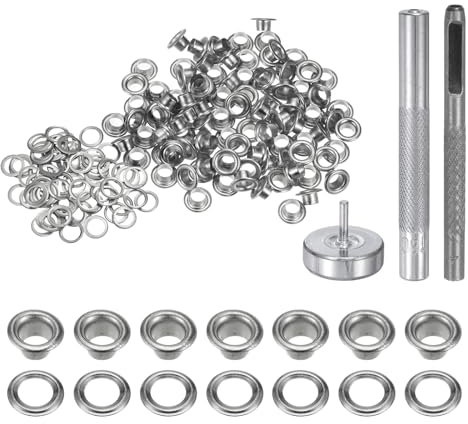 QUARKZMAN Grommet Werkzeug Kit, 100 Pcs 4mm Ösen mit 2 Ösenzange & 1 Scheiben Set, Metallösen Kupfer Tülle Stanzwerkzeug für Stoff Planen Leder Gewebe Vorhang Poolabdeckung, Silber