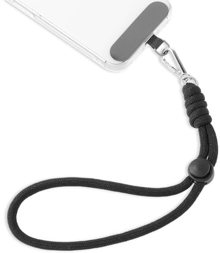 Amabro Correa de muñeca de mano, cordón ajustable para la mayoría de teléfonos inteligentes, pestaña antipérdida con parche ultrafino para cartera, llavero, cámara (negro)