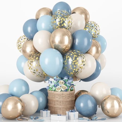 Dusty Blue Balloon Set, 60Pcs 12 Inch Slate Muted Baby Blue Fog Pastel Light Blue White Sand Balloon with Metallic Confetti Champagne Gold Balloons for Boy Birthday Party Baby Bridal Shower Decortaion