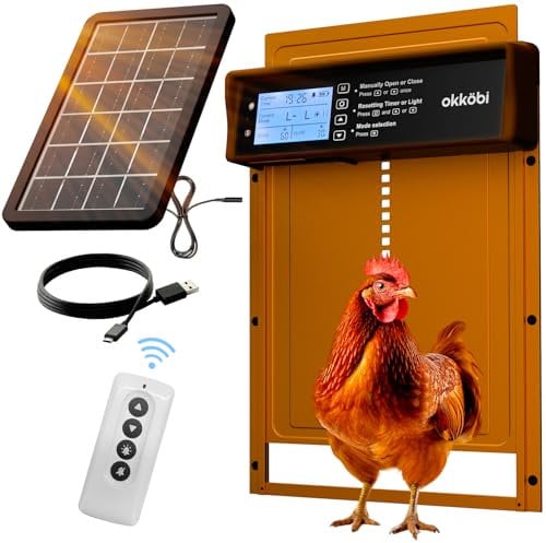 Okkobi Porte Automatique Poulailler Solaire - Ecran LCD - Télécommande, capteur de lumière et minuterie - Sécurité et tranquillité d'esprit : Fonction Anti-pincement - Protection 5 Ans - Marron