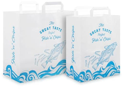 We Can Source It Ltd – Large Printed Paper Fish and Chip Bags with Internal Handles – Heat and Grease Resistant Takeaway Bags for Chips and Fried Meals – Durable & Easy to Carry - Pack of 50
