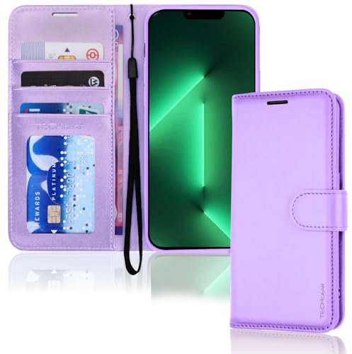 TECHGEAR iPhone 13 Pro Leather Wallet Case, Flip Protective Case Cover with Wallet Card Holder, Stand and Wrist Strap - Lilac PU Leather with Magnetic Closure Designed for iPhone 13 Pro 6.1