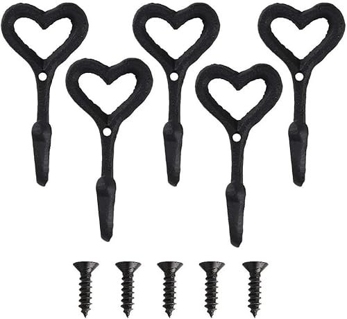 Luabue 5 Pezzi Ganci Appendiabiti da Parete Antiquariato Vintage in Ghisa di Ferro Antico Gancio a Forma di Cuore Appendiabiti Singolo a Muro per Giacche Asciugamani Vestiti Cappelli con 5 Viti Nero